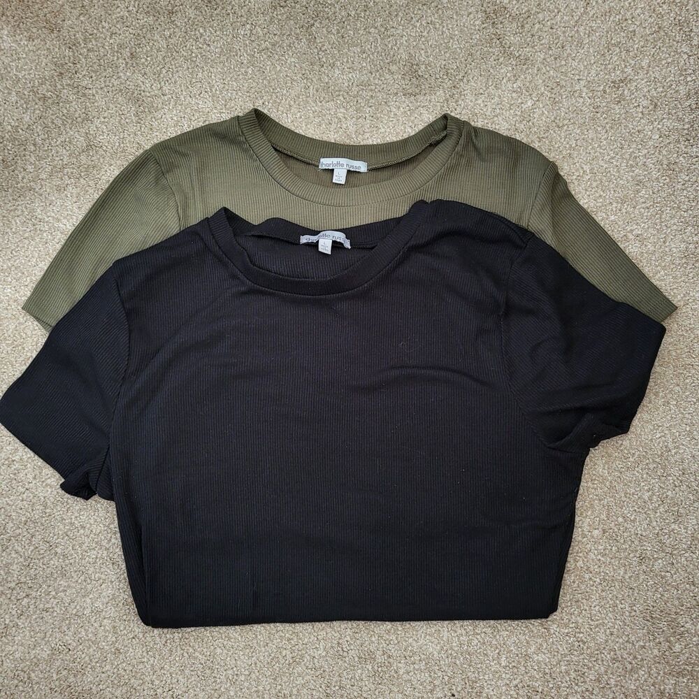 2 Charlotte Russe Bodysuits Womens Green Black Short Sleeve Crew Neck Size Large